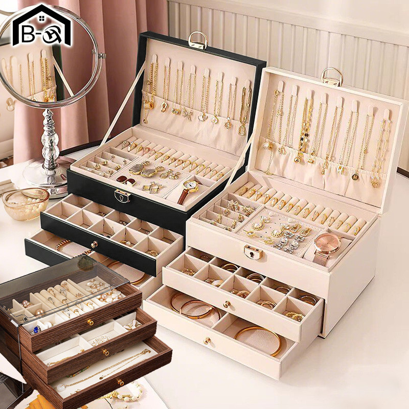 BHQ กล่องเครื่องประดับ 3 ชั้น แบบลิ้นชัก คุณภาพดี กันฝุ่น กันน้ำ ที่เก็บต่างหู แหวน สร้อยคอ