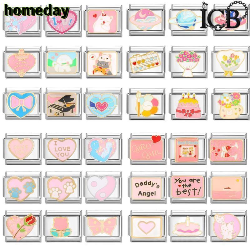 Pink Series Charm อิตาเลี่ยน Links Fit 9 มม.สร้อยข้อมือ DIY Love ดอกไม้ผีเสื้อ โมดูลและอุปกรณ์เสริม Retro สร้อยข้อมือ