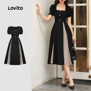 Lovito ชุดเดรสจีบสีดำเรียบหรูสไตล์ฤดูใบไม้ผลิ/ฤดูร้อนสำหรับผ…