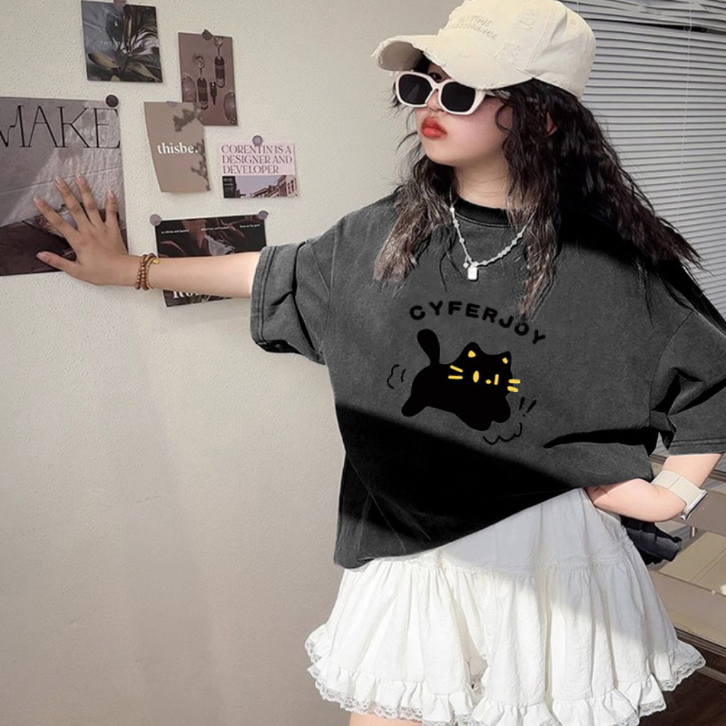 เสื้อยืดแขนสั้นผ้าฝ้ายสำหรับเด็กผู้หญิง ลายการ์ตูนเกาหลี ทรงหลวม สวยงาม และใส่ได้หลายโอกาส