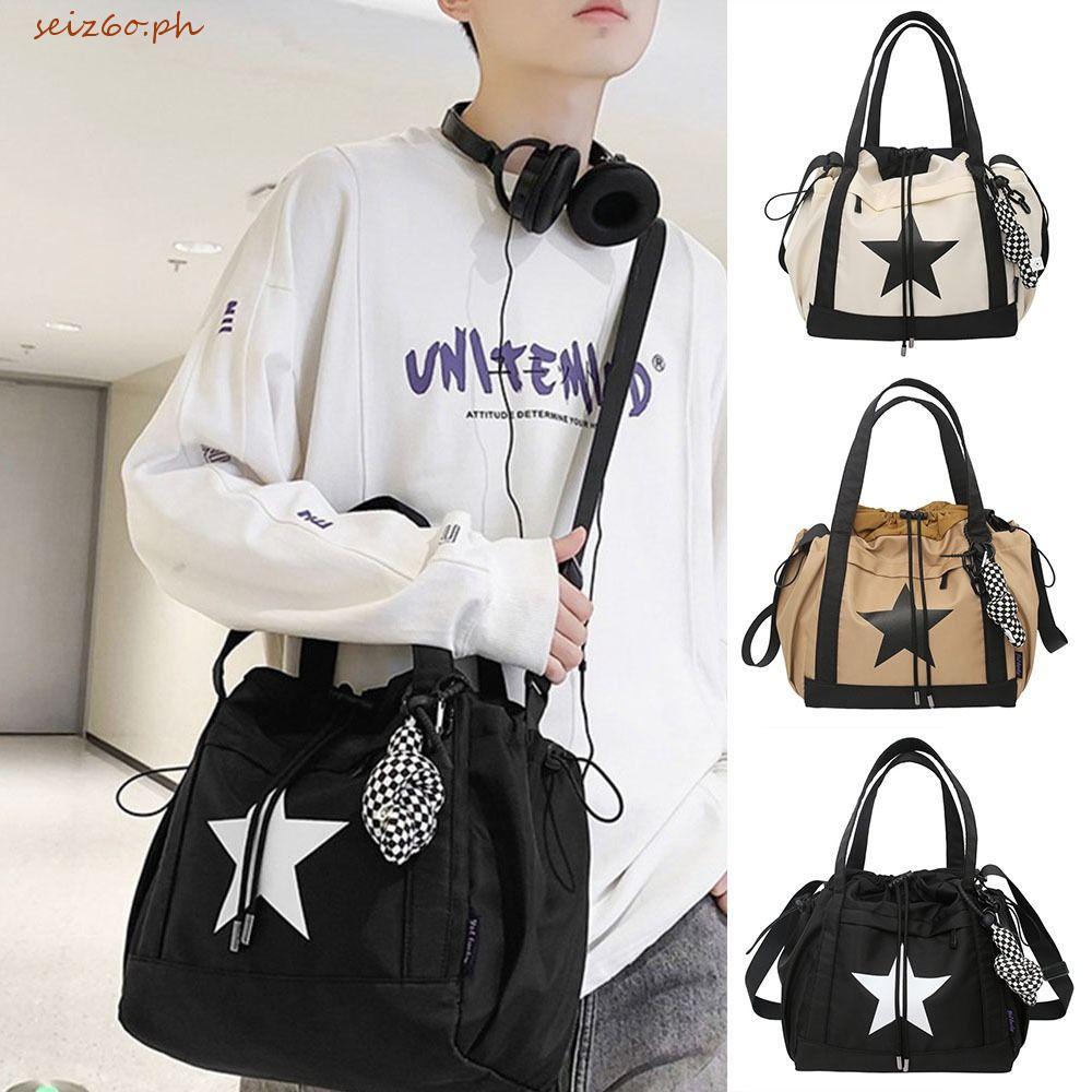 SEIZ6O กระเป๋าสะพายความจุขนาดใหญ่,ไนลอนดาวห้าแฉก Star Tote Bag, Cool Drawstring Handbag Street Wear 