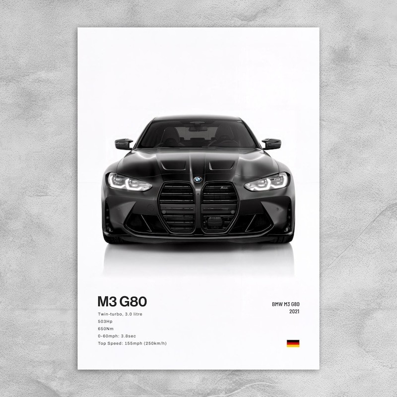 BMW M3 G80 โปสเตอร์ศิลปะผนังสําหรับห้องนั่งเล่นที่ทันสมัยของขวัญตกแต่งบ้าน