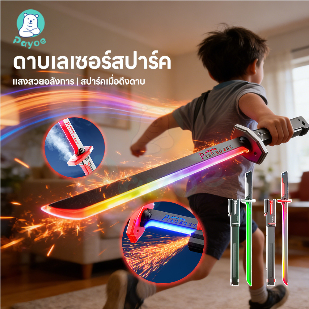 PAYOE ดาบเลเซอร์พ่นหมอก ดาบเลเซอร์เด็ก ไอน้ำเสมือนควัน ดาบเลเซอร์ LED 7สี ดาบของเล่น