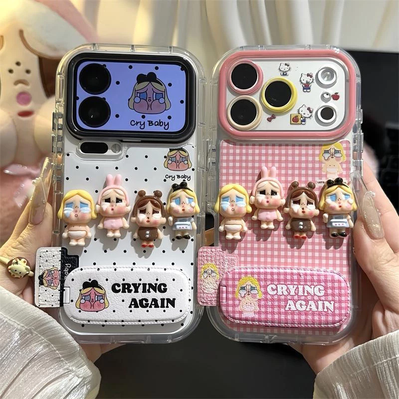 เคส TPU สําหรับเด็ก 3D ร้องไห้ | กันฝุ่นกันกระแทกพร้อมขาตั้งกระจกสําหรับ ไอโฟน 17 16 15 14 13 12 11 มือโปร โปรแม็กซ์ | เคสโทรศัพท์น่ารักความงามสําหรับเด็กผู้หญิง