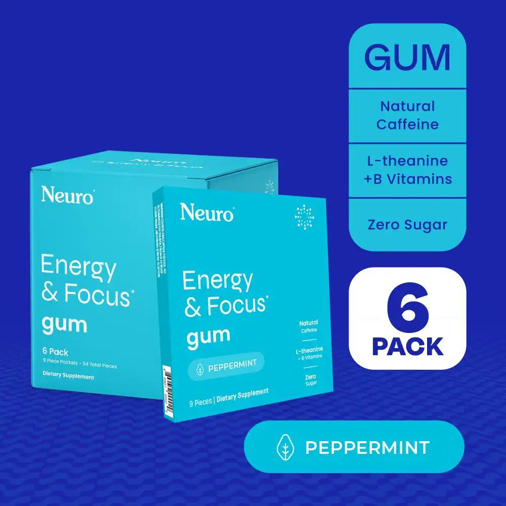 Neuro Energy Caffeine Gum/มิ้นต์สําหรับ Energy & Focus - ปราศจากน้ําตาลกับ L theanine, Caffeine, Vit