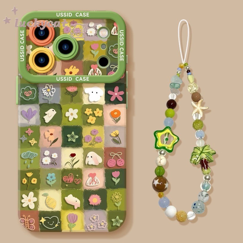 ฤดูใบไม้ผลิสีเขียวภาพวาดสีน้ํามันสัตว์ดอกไม้เคสโทรศัพท์ + Lanyard สําหรับ iPhone 17 16 15 14 13 12 11 Pro Max X Xr Xs Max 7 8 Plus SE2020
