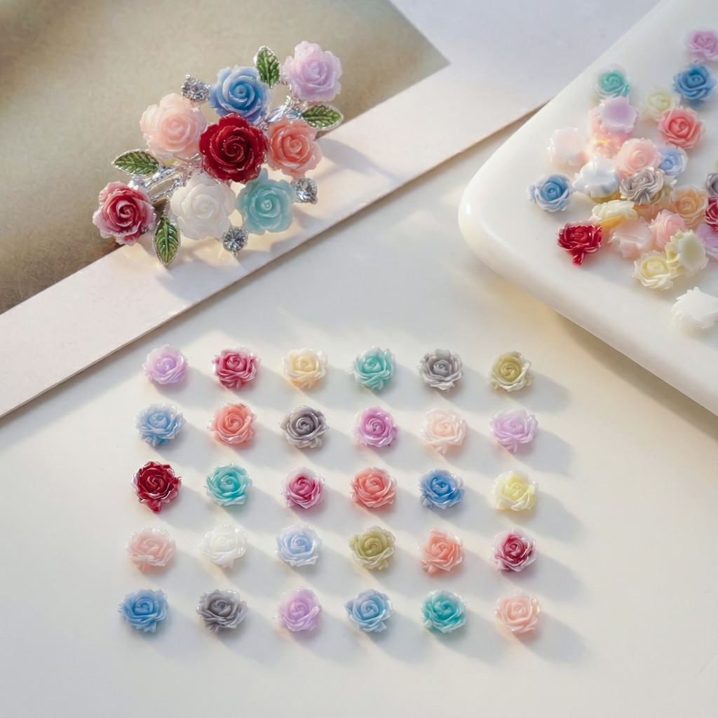 St.kunkka 50ชิ้น ดอกกุหลาบเรซิ่น 6-8มม. ดอกไม้ 3D ขนาดเล็ก สำหรับติดเล็บ ตกแต่งเคสโทรศัพท์ DIY เครื่องประดับ
