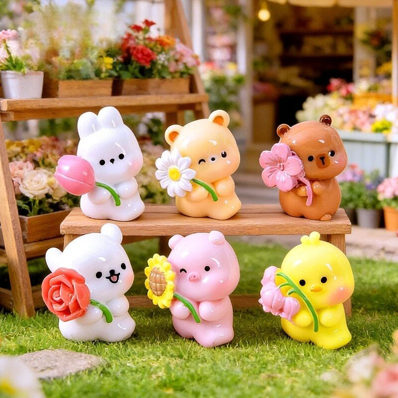 การ์ตูนกอดดอกไม้สัตว์ขนาดเล็กตุ๊กตาขนาดเล็กเครื่องประดับเรซิ่นนางฟ้าตกแต่งสวนไมโครภูมิทัศน์สร้างสรรค์ ทําเอง เครื่องประดับ