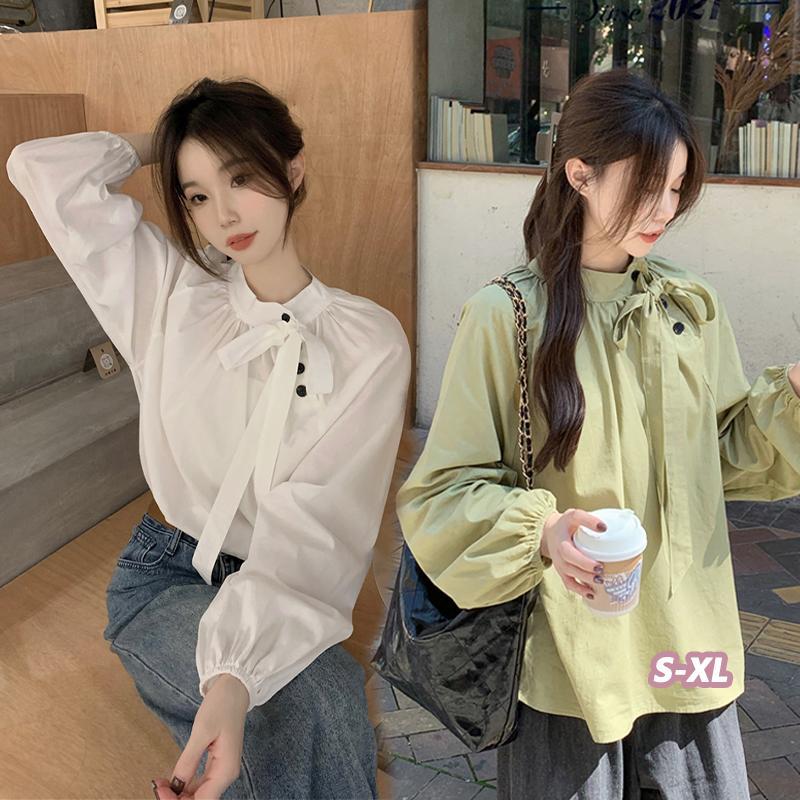 🌵Grace_chili🌵 เสื้อเชิ้ตแขนยาวทรงหลวม สไตล์ฝรั่งเศส คอปกตั้ง กระดุมเฉียงสวยงาม ผูกโบว์ด้านหน้าแบบใหม่ 99237