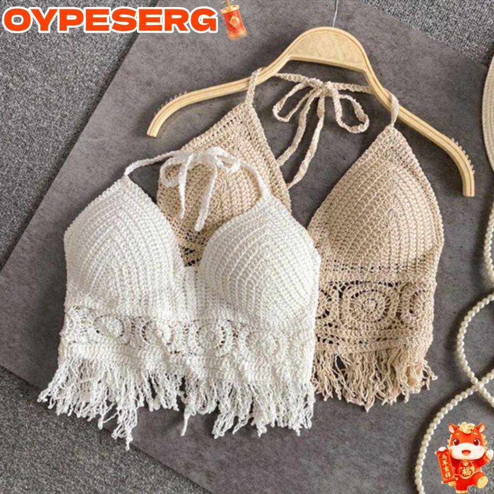 OYPESERG ชุดชั้นในสตรี, Summer Beach Hollow Out เสื้อกล้ามสั้น, เย็บปักถักร้อยพู่ถัก Bra