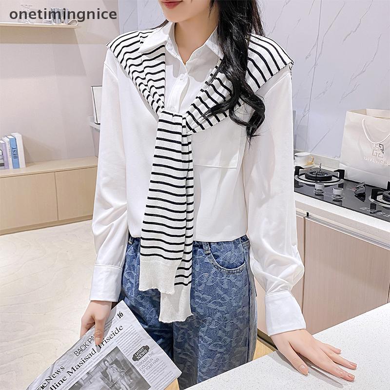 Onetimingnice ผ้าคลุมไหล่ถักลายทางเกาหลี - ผ้าพันคอคอปกเสื้อคลุมสําหรับฤดูหนาวของผู้หญิงและแจ๊กเก็ต 