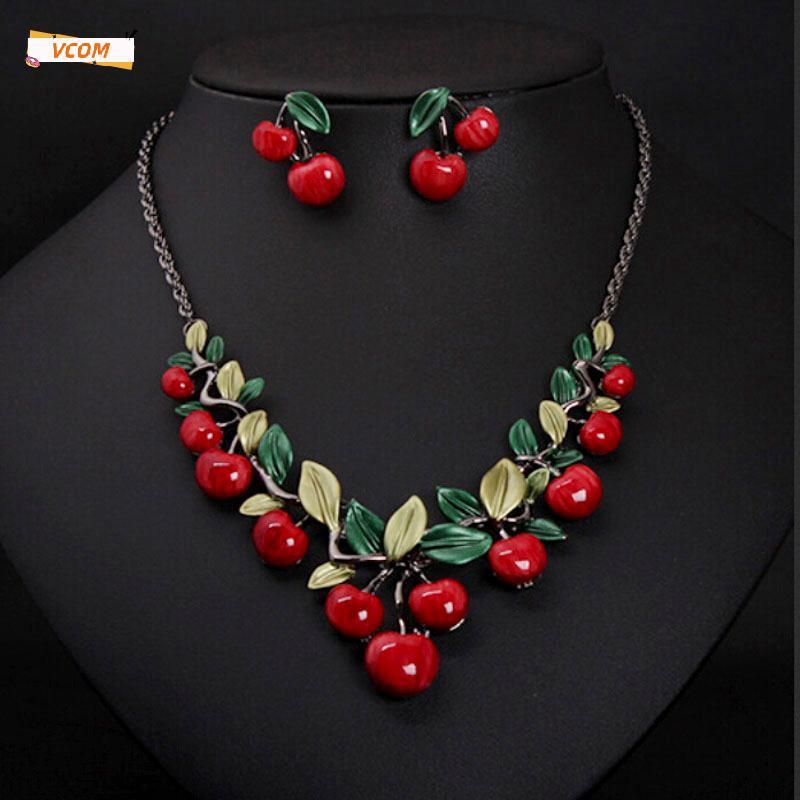 ชุดสร้อยคอสีแดงเชอร์รี่1ชุด VCOM สร้อยคอต่างหูห้อยคอต่างหูงานแต่งงาน DDC