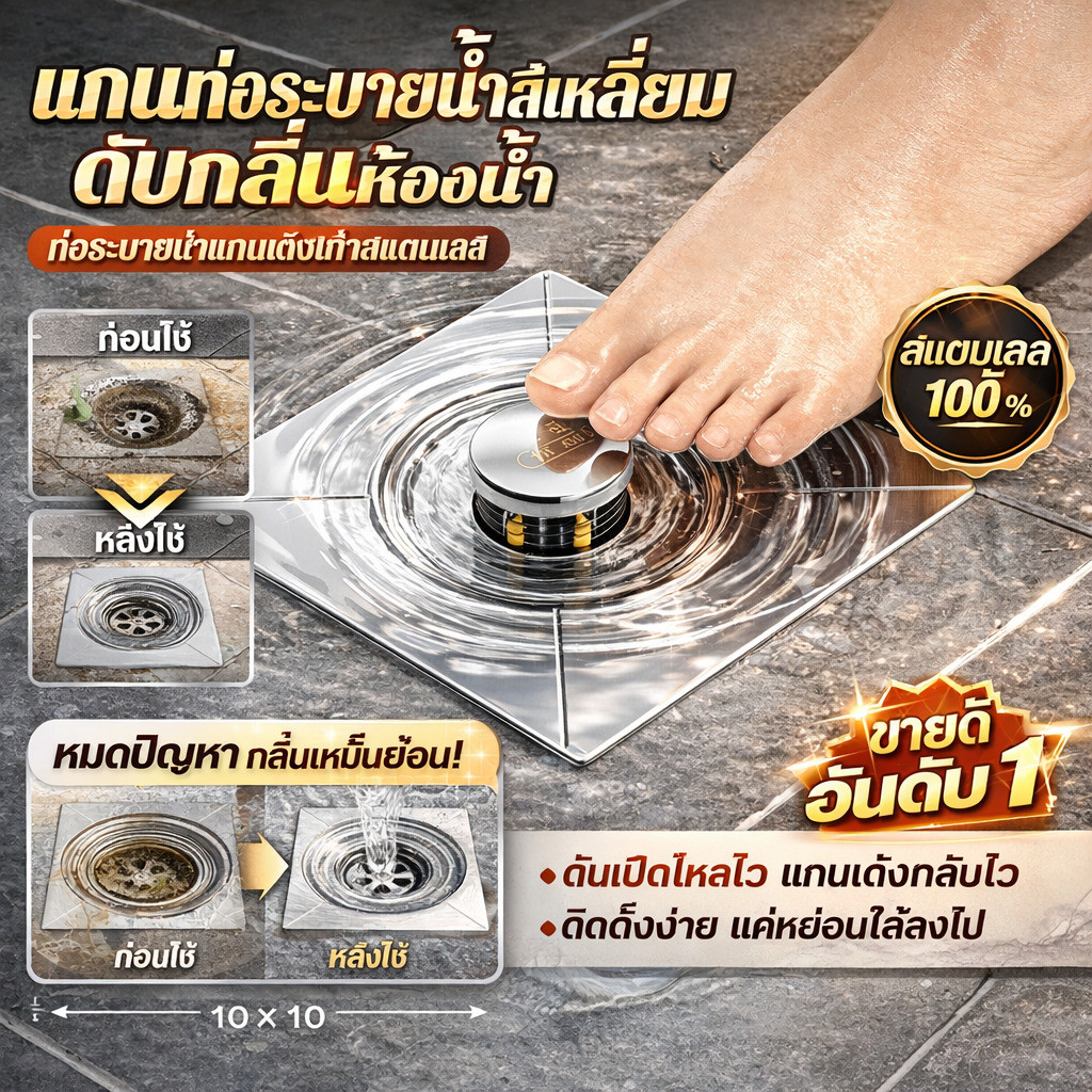 แกนท่อระบายน้ำสแตนเลส/ท่อระบายน้ําชั้นห้องน้ําพร้อมจุกระบายน้ํา/รูระบายน้ำแบบสปริงสี่เหลี่ยม/ป้องกันกลิ่น/แมลง