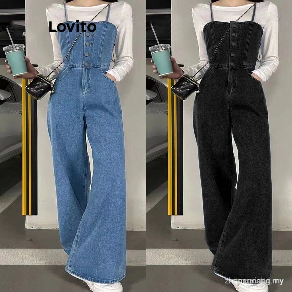 Lovito ผู้หญิงปุ่มด้านหน้ากระเป๋าล้าง Jumpsuits LNE22047 MLH9 EFFC K6FG 87LV C251 MFPB