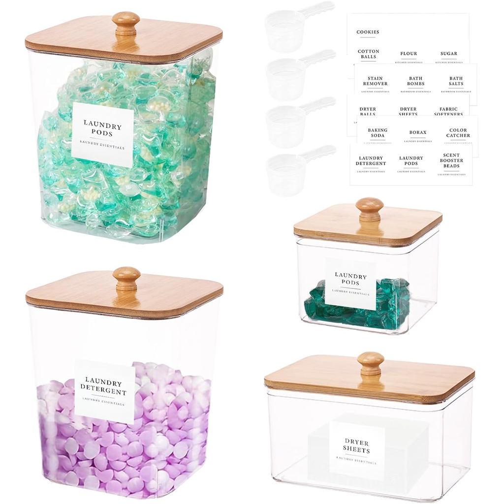 4แพ็คซักรีดPodsContainer,ClearDryerSheepHolder&LandroomRoomizationandStoragewithLids,Scooops&Labells