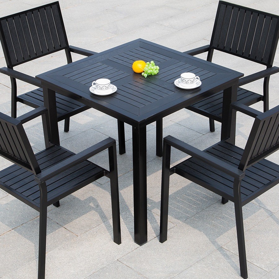 โต๊ะไม้กลางแจ้งสวนกลางแจ้งพลาสติกลูกตุ้มพักผ่อน w & เปิดระเบียง Cafe โต๊ะเก้าอี้ Courtyard สารกันบูด