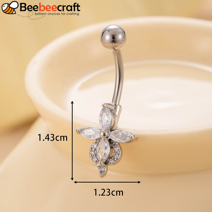 แหวน belly bar สแตนเลส 316L ลายดอกไม้ ประดับคริสตัลคิวบิกไซร์โคเนีย ขนาด 14.3x12.3 มม.