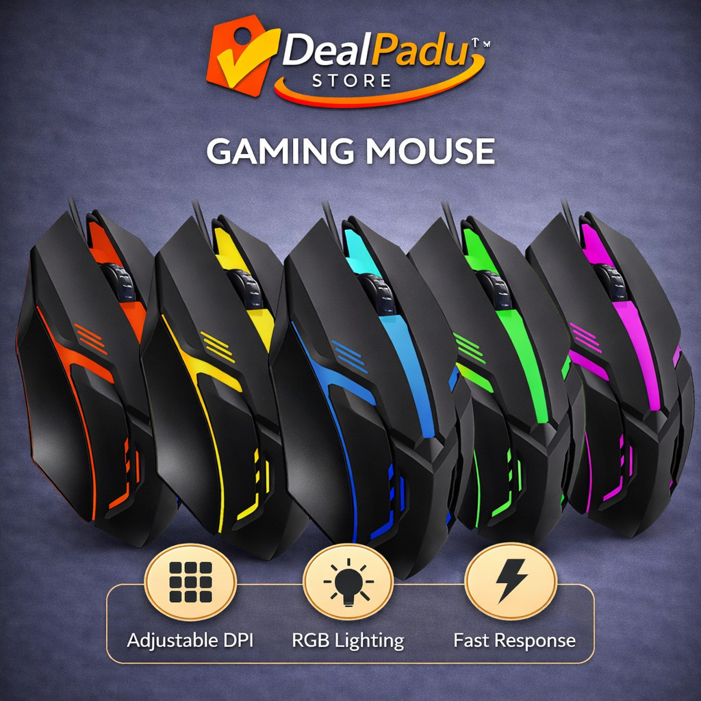 DealPadu RGB Gaming Mouse เมาส์ออปติคอลแบบมีสาย USB 1200 DPI เมาส์ไฟ LED Ergonomic