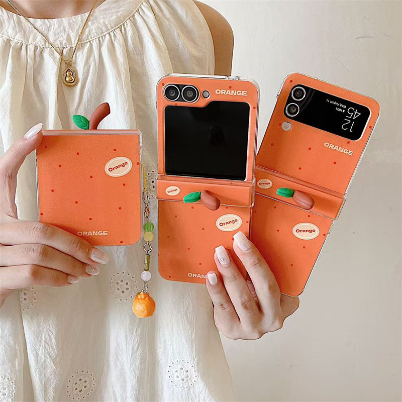 เกาหลีน่ารักสีส้ม Polka Dot เคสโทรศัพท์สําหรับ Samsung Galaxy Z Flip 7 6 5 4 3 ฝาครอบ Charm บานพับกรณี Flip6 Flip7 Hard Funda