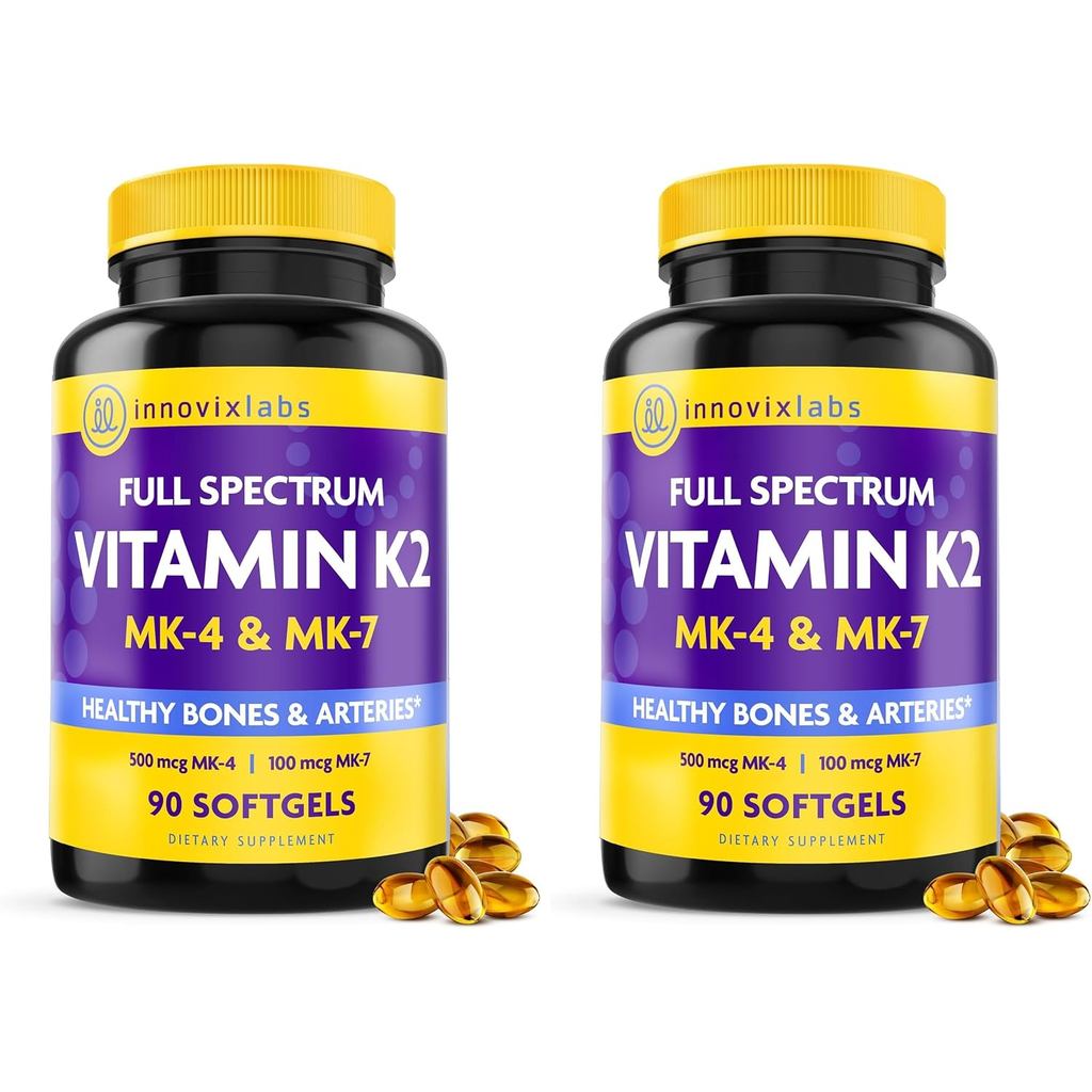 InnovixLabs Full Spectrum Vitamin K2-90 Softgels with 600 mcg of Trans Form MK7 and MK4 - Supports G