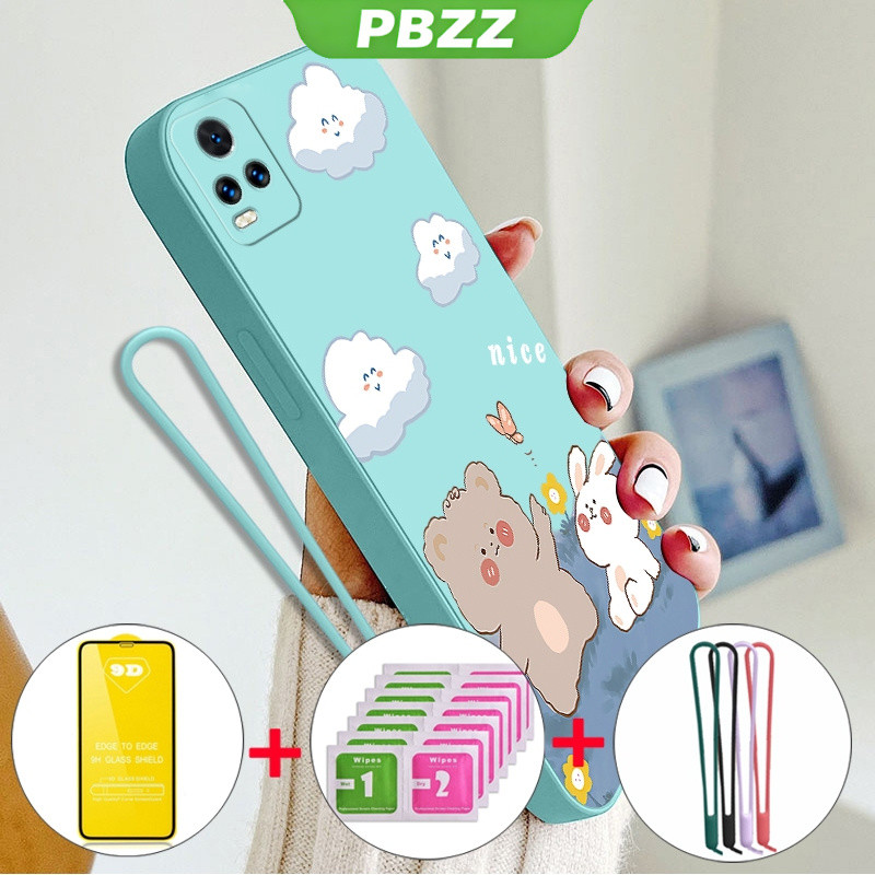 PBZZ FOR เคส [4 in 1] ด้วยกระจกนิรภัยกรณีสำหรับ VIVO V20 Pro v20se v23e V23 V21 5กรัมโทรศัพท์ปลอก softcase ซิลิโคนเหลวกันกระแทกปกการออกแบบใหม่ความงามการ์ตูนหมีกระต่าย ytmxx01 – โปรปัง