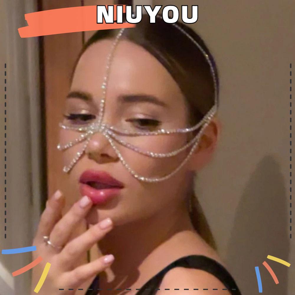 NIUYOU คริสตัลผ้าคลุมหน้า Face CHAIN Cover FaceJewelry Handmade Dance Party ผู้หญิงผมโซ่ Multi-Layer