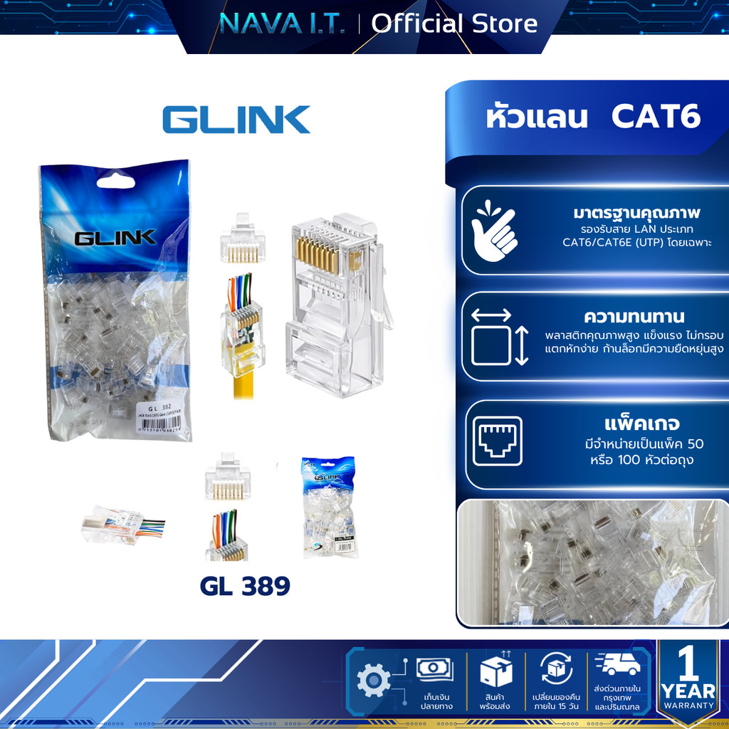 GLINK GL389 GL-389 หัวแลน RJ45 CAT6 แบบหัวทะลุ 100ชิ้น/แพค