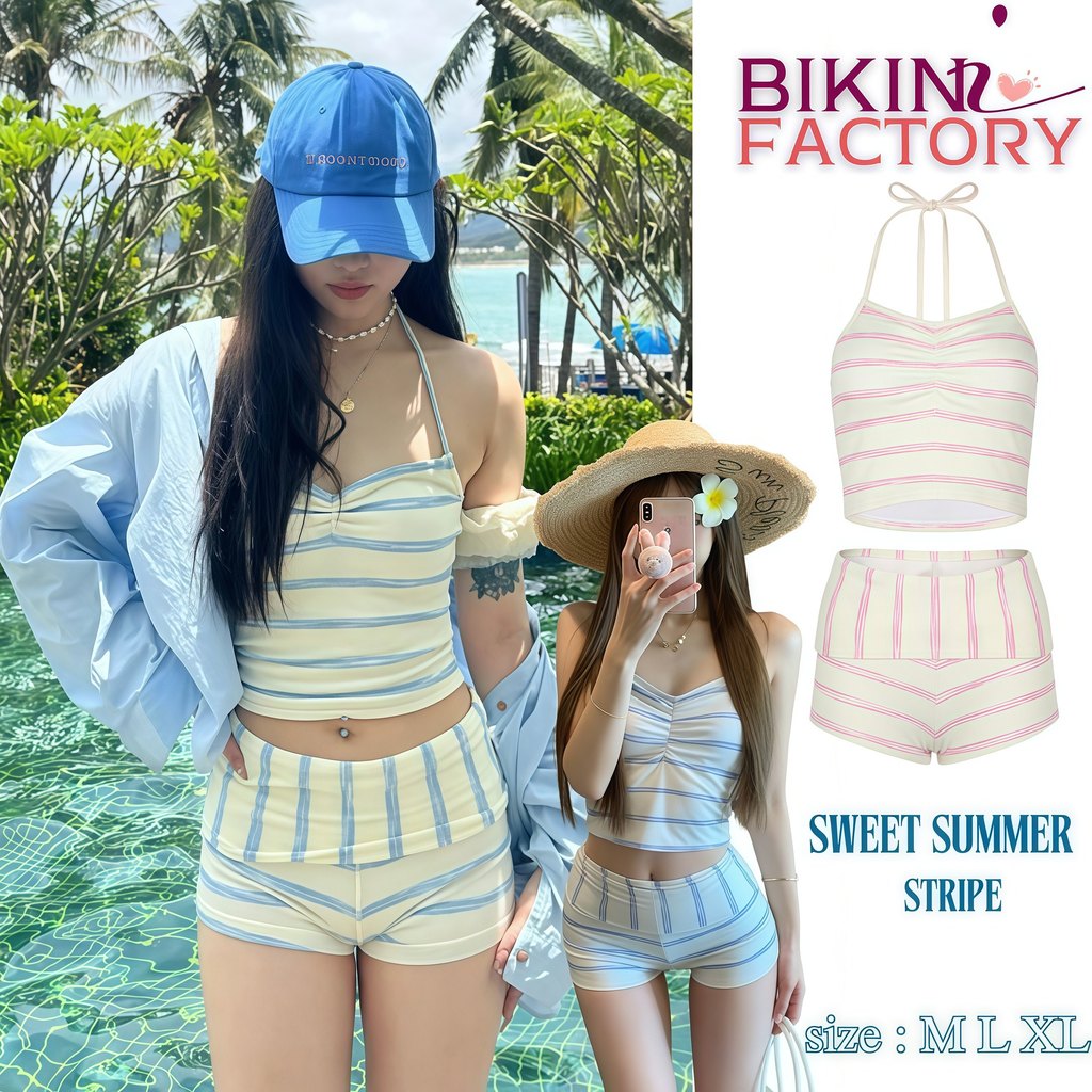 BIKINI FACTORY ชุดว่ายน้ำ/ชุดเที่ยวทะเล ผู้หญิง ลายทาง สายเดี่ยว น่ารัก เกาหลี  🌺⛱️มีไซส์ M-XL | น้ำหนัก 40-65 กก. Y126