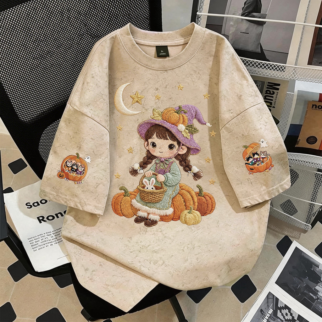 TEE·SHOP🍀เสื้อยืด oversize เสื้อเท่ๆ วินเทจ"Pumpkin Girl"งานสกรีนเลียนแบบงานปัก พิมพ์ลาย ผ้านิ่มใส่สบาย พร้อมส่ง COD📦