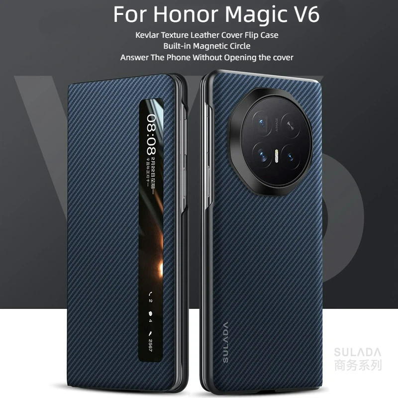 สําหรับ Honor Magic V6 V5 V3 กรณีหรูหราเคฟล่าร์หนังสมาร์ท Sleeping ฟังก์ชั่นในตัวแม่เหล็กพลิกฝาครอบโทรศัพท์ CasingHonor MagicV6 V5 V 3