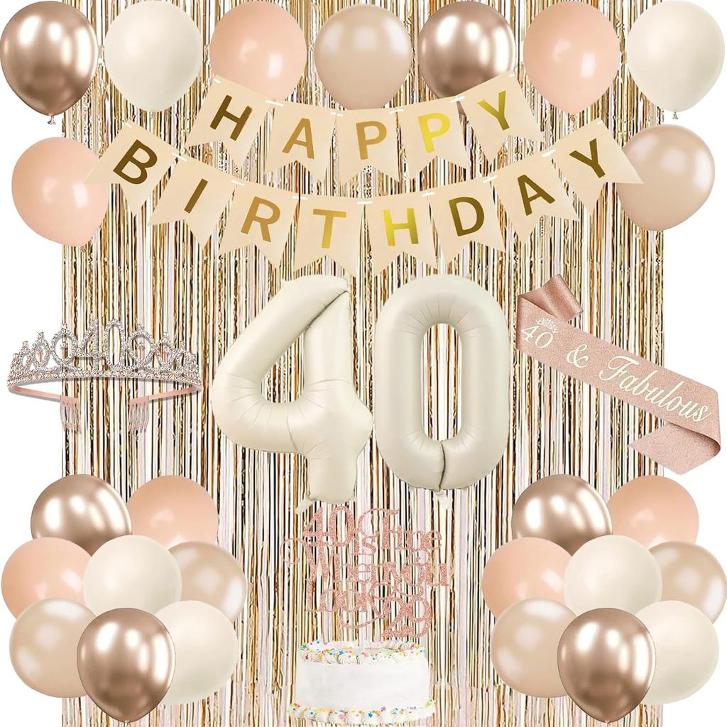 Trowaul Champagne Gold Beige 40th Birthday Decoration for Women, Gold Bday Happy Banner, 40th Sash a