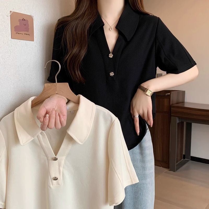 โปโลฤดูร้อนแขนสั้นคอปกด้านบนขนาดบาง tw Big korea ไหล่ Belly Fat เสื้อผู้หญิง t-Covering mm ของแท้สไต