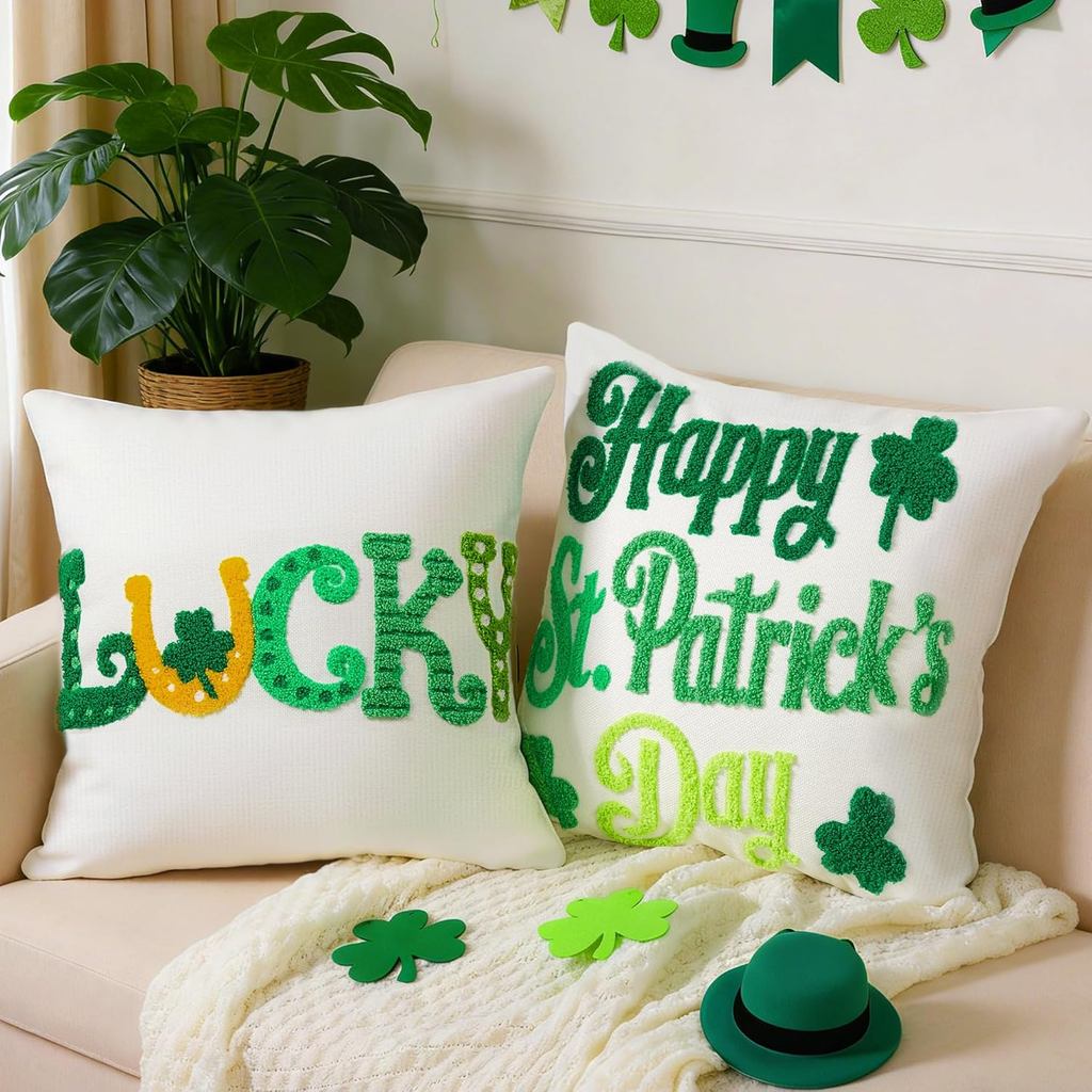 ชุดปลอกหมอนวัน Patrick St 2 ชิ้น ปลอกหมอนปัก Saint Patricks Day ขนาด 18x18 นิ้ว Happy St. Patricks D