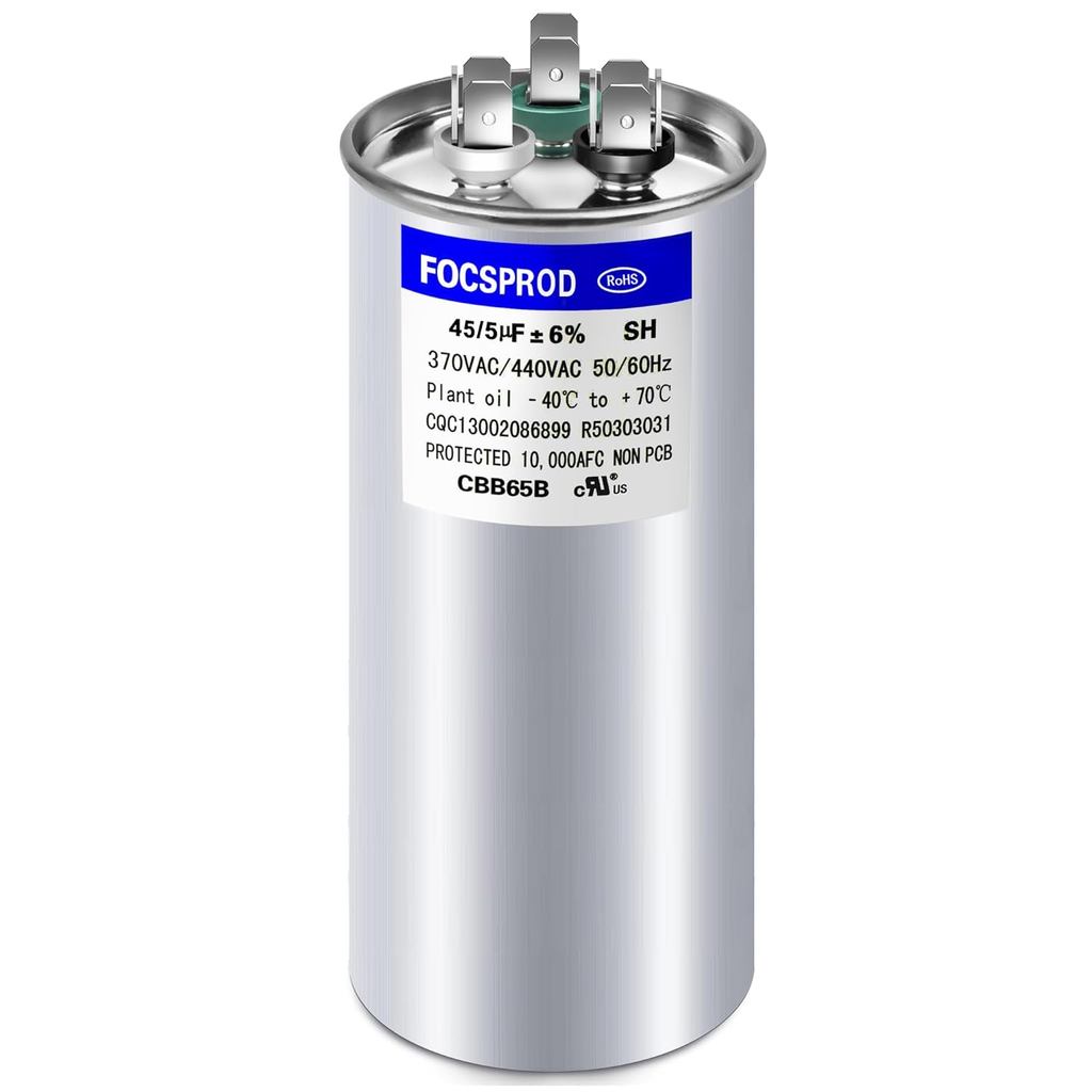 [UL Recognized] FOCSPROD 45+5 uF 45/5 MFD ±6% 370V/440V CBB65B Dual Run Round Capacitor สําหรับ AC U
