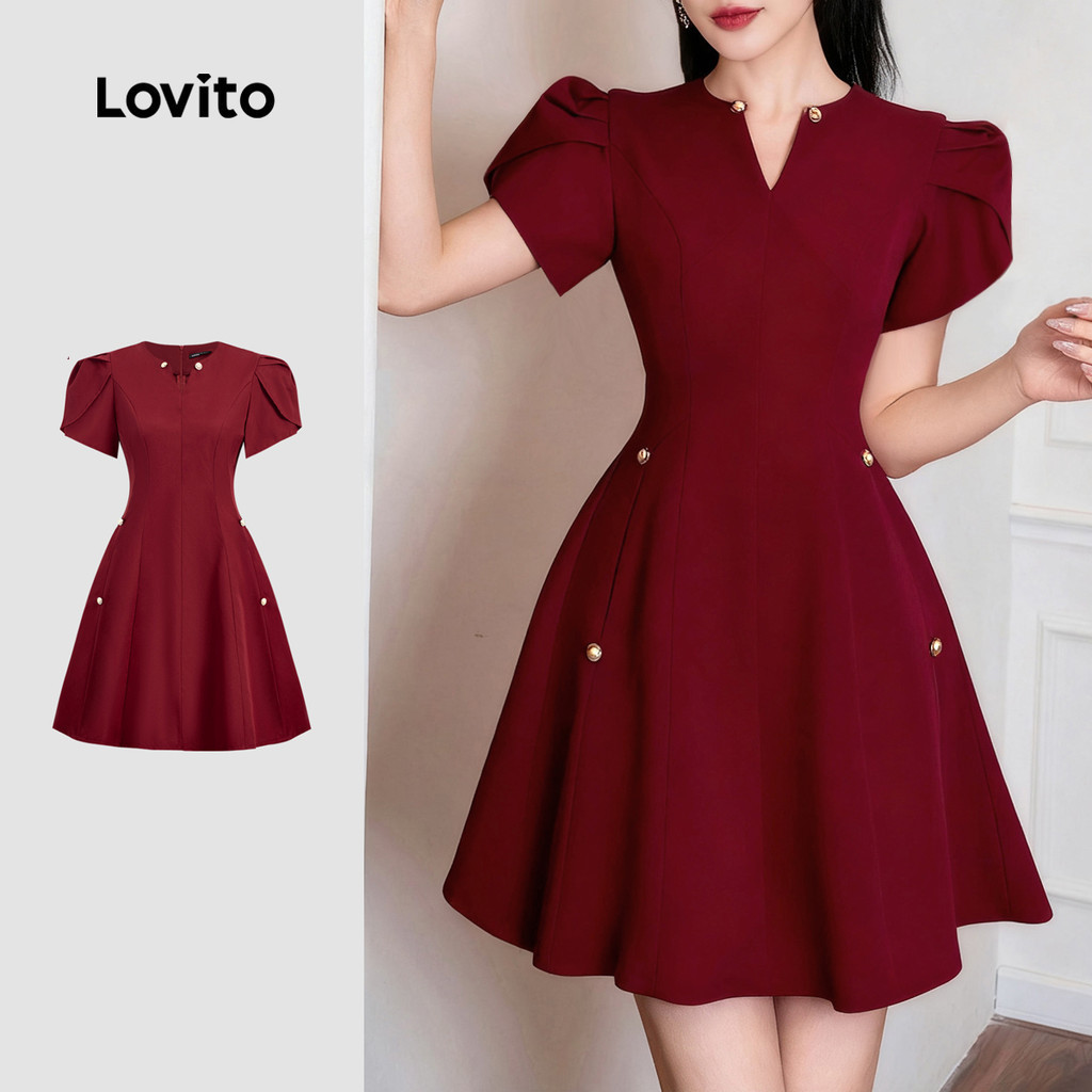Lovito สง่างาม เดรสสวยหรู ดีไซน์เรียบง่าย ติดกระดุม สีแดงไวน์ เหมาะสำหรับฤดูใบไม้ผลิ/ฤดูร้อน สำหรับผู้หญิง L155ED766
