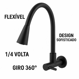 Torneira Gourmet  flexível Cozinha Parede Pia Dois Jatos Preta Abs