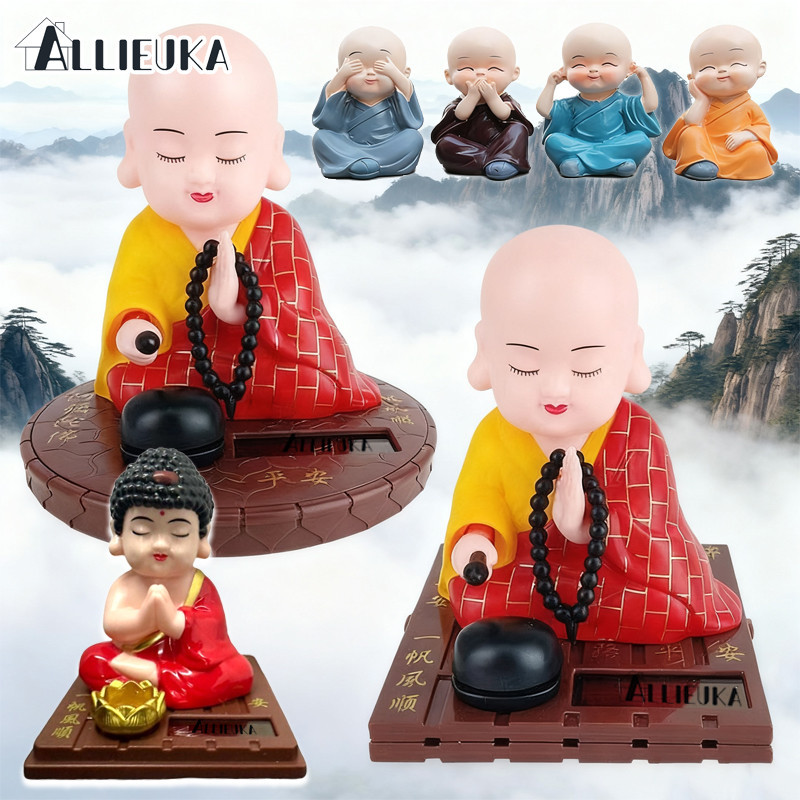 Allieuka ตุ๊กตาเณรน้อยสวดมนต์ เณรน้อย นั่งสวดมนต์ พลังงานโซล่าเซลล์ ตุ๊กตาตกแต่งคอนโซลหน้ารถ เสริมฮวงจุ้ย ตุ๊กตาหัวโยก