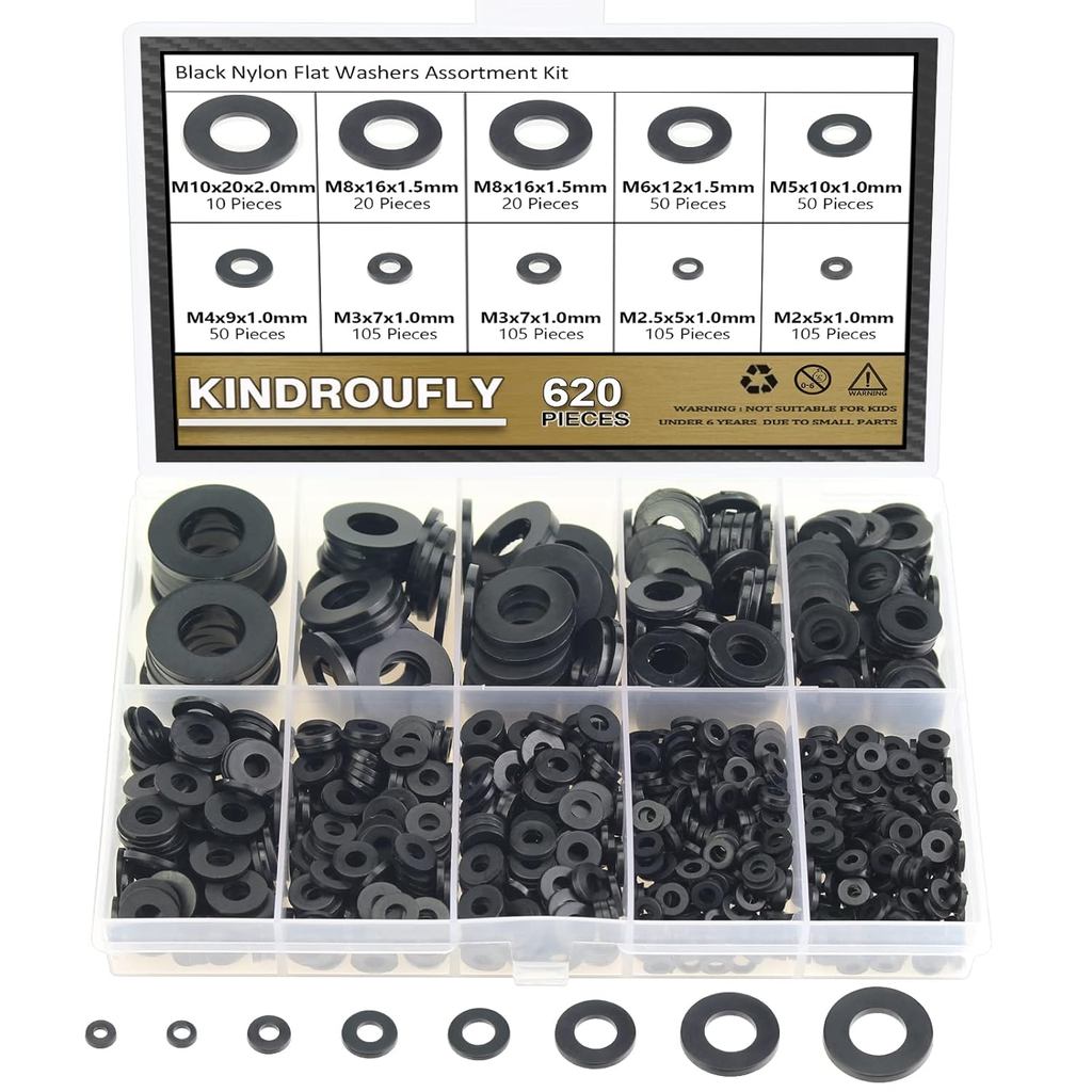 620 ชิ้นไนลอนแบนเครื่องซักผ้า, Kindroufly 8 ขนาดเครื่องซักผ้าพลาสติก, เครื่องซักผ้าไนลอนสีดํา Assort