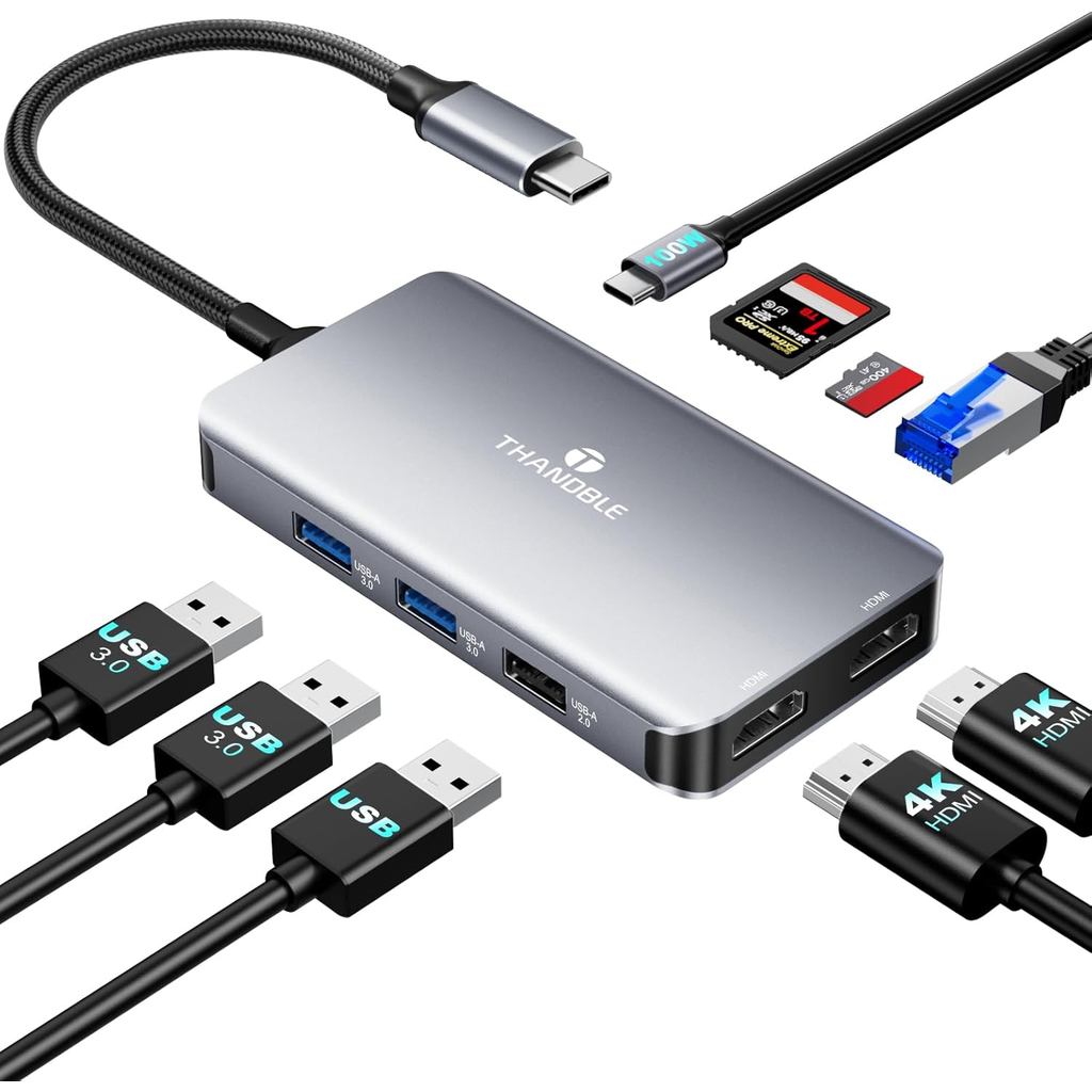 สถานีเชื่อมต่อ 9 in 1 จอภาพคู่, อะแดปเตอร์ USB C ถึง Dual HDMI, LAN 1000Mbps, 100W PD, SD/TF 3*พอร์ต