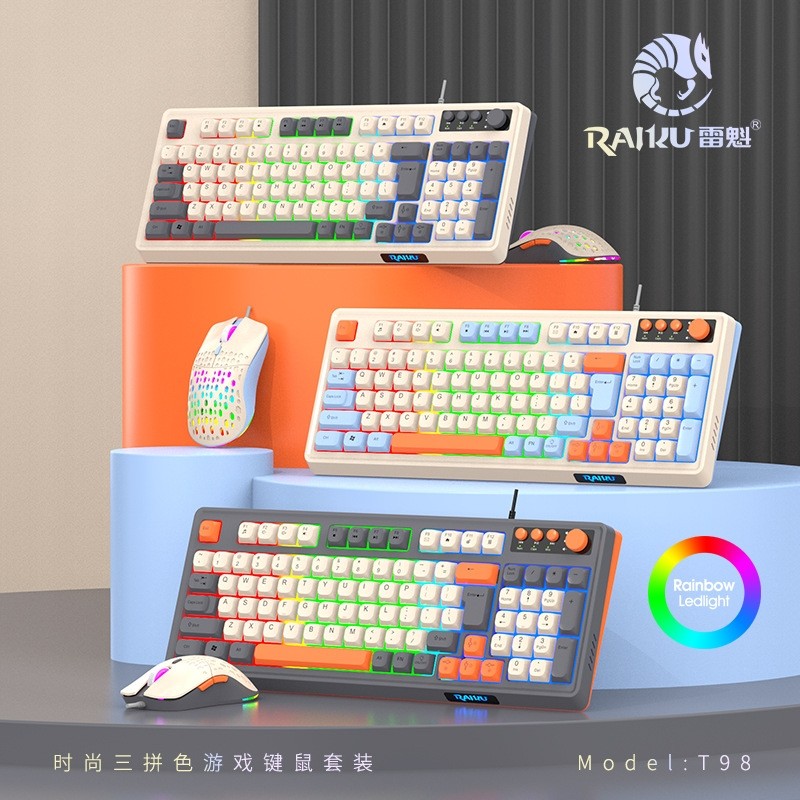 R RAKU RAID K98/T98 เมาส์คีย์บอร์ดสําหรับเล่นเกมที่กําหนดเองชุดสามสีแบบมีสายเดสก์ท็อปส่องสว่าง 98 คี