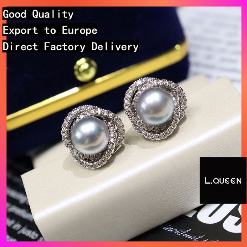 L.QUEEN ต่างหูมุกน้ําจืดผู้หญิง 8-9mm18k Gold-Covered Full Zircon Micro-Inlaid แฟชั่น Simple All-Mat