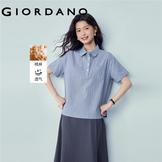 GIORDANO WOMEN Cotton linen striped short sleeve loose shirt…
