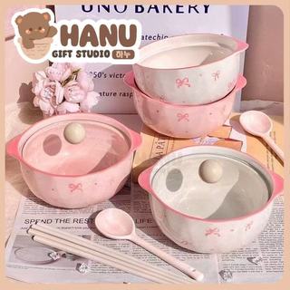 INS Style Bowls & Plates Instant Noodle Bowl With Lid Microwave Safe Ramen Bowl 陶瓷泡面碗 带盖双耳碗 可微波宿舍碗 高颜值蝴蝶结粉色碗 碗碟套装