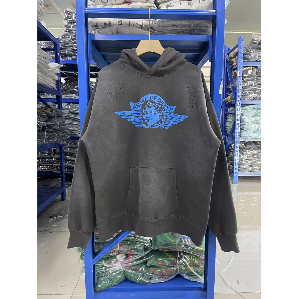 L15I Saint Michael 25SS Distressed“angel”Angel pullover washed hoodie set for men and women