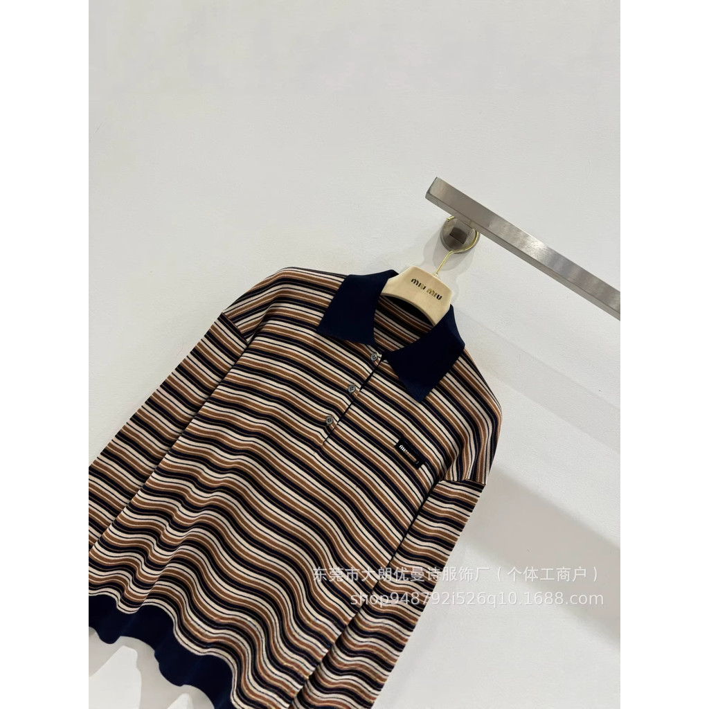 CVCW Mi**iu Retro color-blocking stripes Polo Woolen Collar Girl2026New slim-fit versatile long-slee