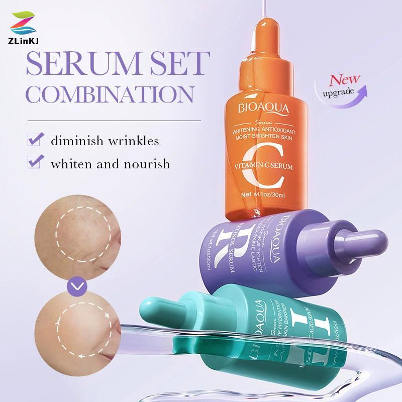 ZLinKJ 3 ชิ้น BIOAQUA วิตามินซี Retinol Hyaluronic Acid Serum Face Moisturizing ต่อต้านริ้วรอยไวท์เทนนิ่ง Facial Essence ผลิตภัณฑ์ดูแลผิวใหม่
