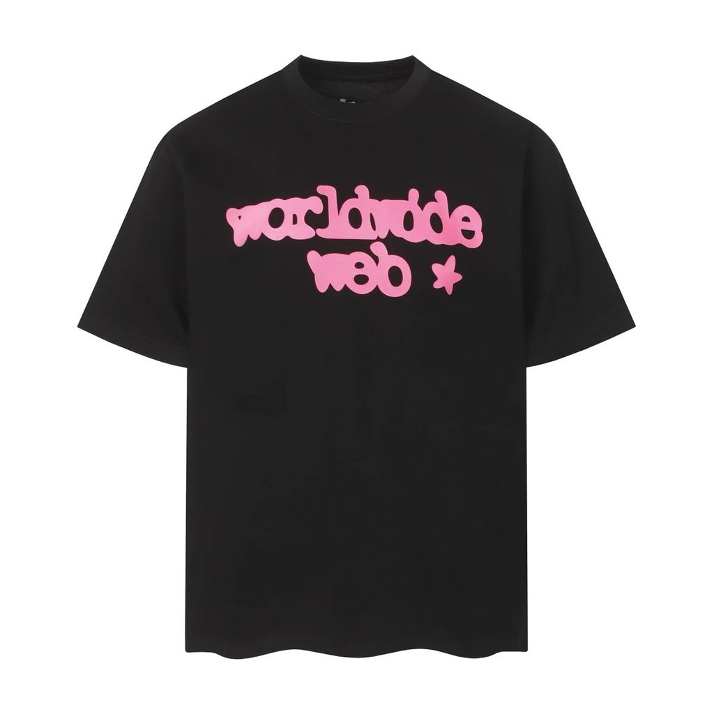 เสื้อยืดแขนสั้น.Sp5der สีดำด้านในชมพู