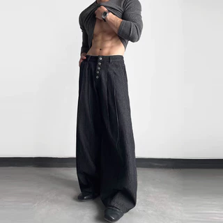Kinwoo กางเกงยีนส์สูทลายทางผู้ชาย/ผู้หญิง กระดุมหลายตัวส์ขากว้าง baggy jeans ทรงหลวมขากว้าง ผ้าสูทลายทางดรอปสวย เอวปุ่มกดหลายดวง unisex แฟชั่นอเมริกันวินเทจ