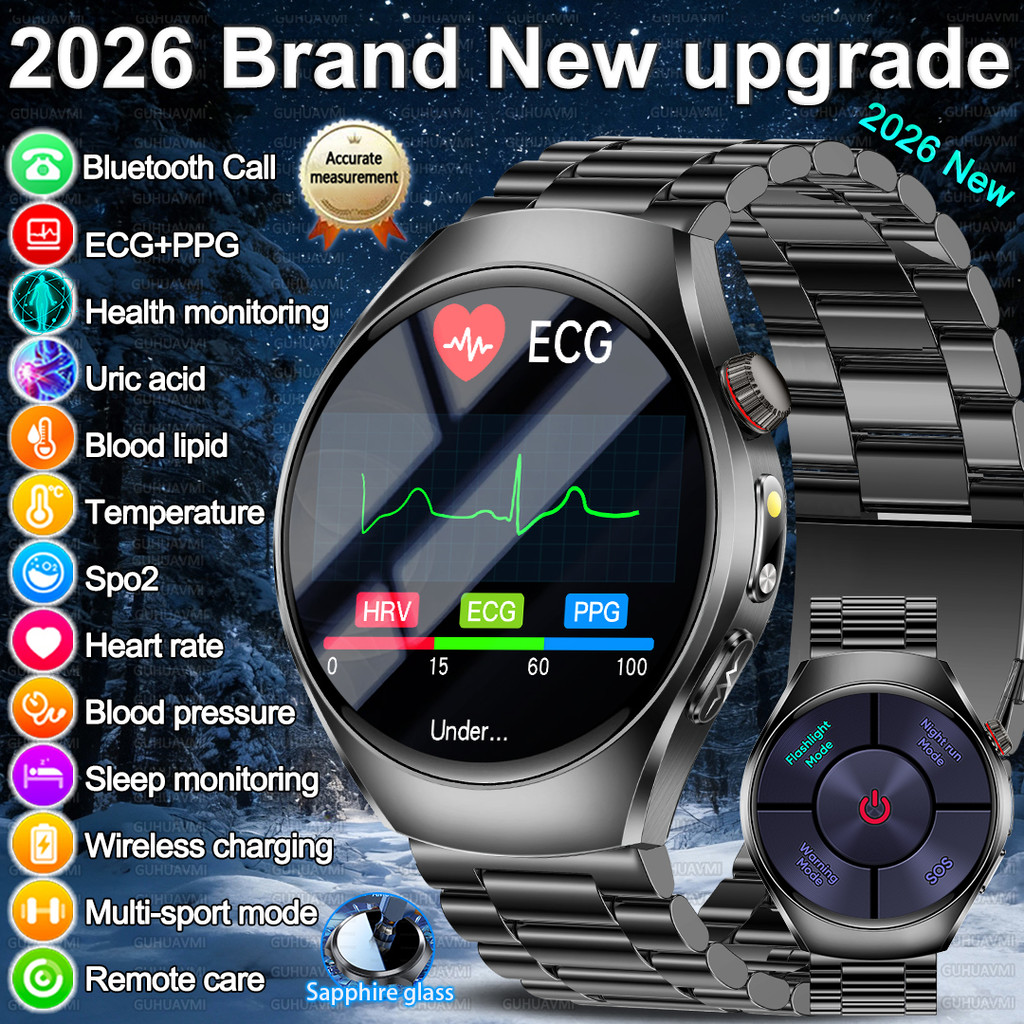 2026 การอัปเกรดใหม่ นาฬิกาอัจฉริยะสำหรับผู้ชายและผู้หญิง ตรวจสุขภาพ ECG ไขมันในเลือด กรดยูริก ไขมันใ