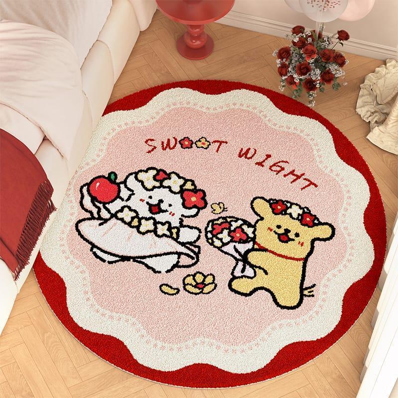 结婚红色喜庆圆形地毯卧室床边毯新婚婚房布置氛围感喜字装饰地垫1.6Wedd Red Festive Round Carpet Bedroom Bedside Carpet Wedd Room Deco